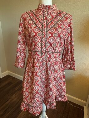 Avara Red Printed Fit-and-Flare Dress with High Neck